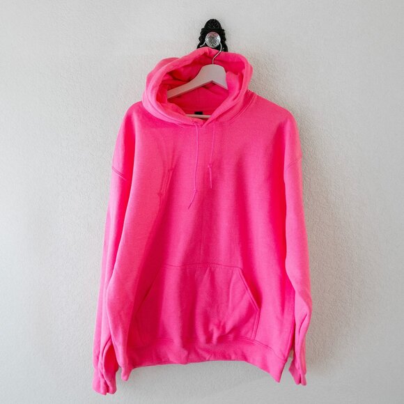 NWOT Gildan Safety Pink Hoodie Pullover Sweatshirt Sz L Heavy Blend Fleece - Picture 1 of 7
